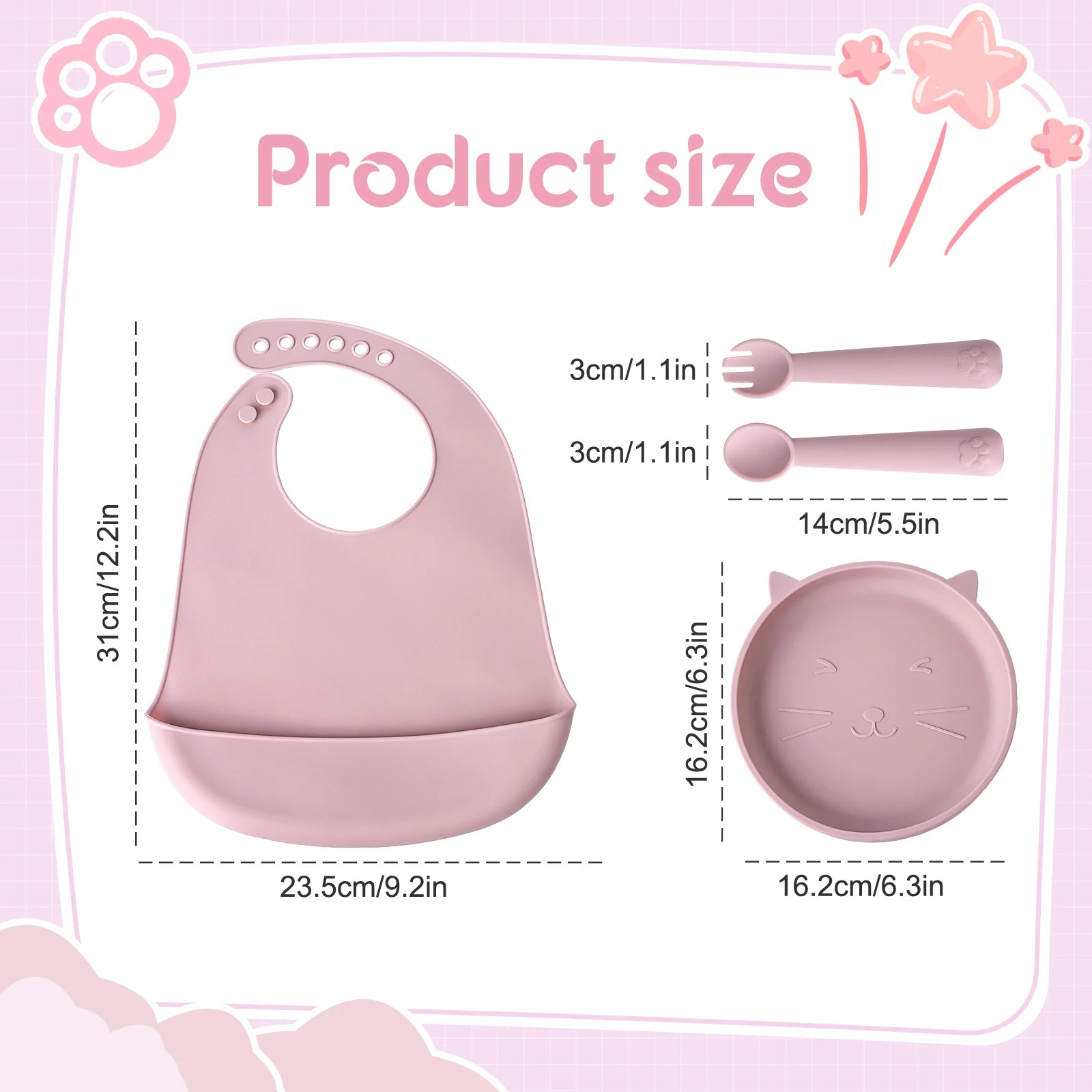 Baby product set with bib, bowl, and utensils on a pink background with measurements.