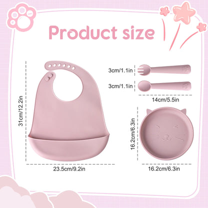 Baby product set with bib, bowl, and utensils on a pink background with measurements.