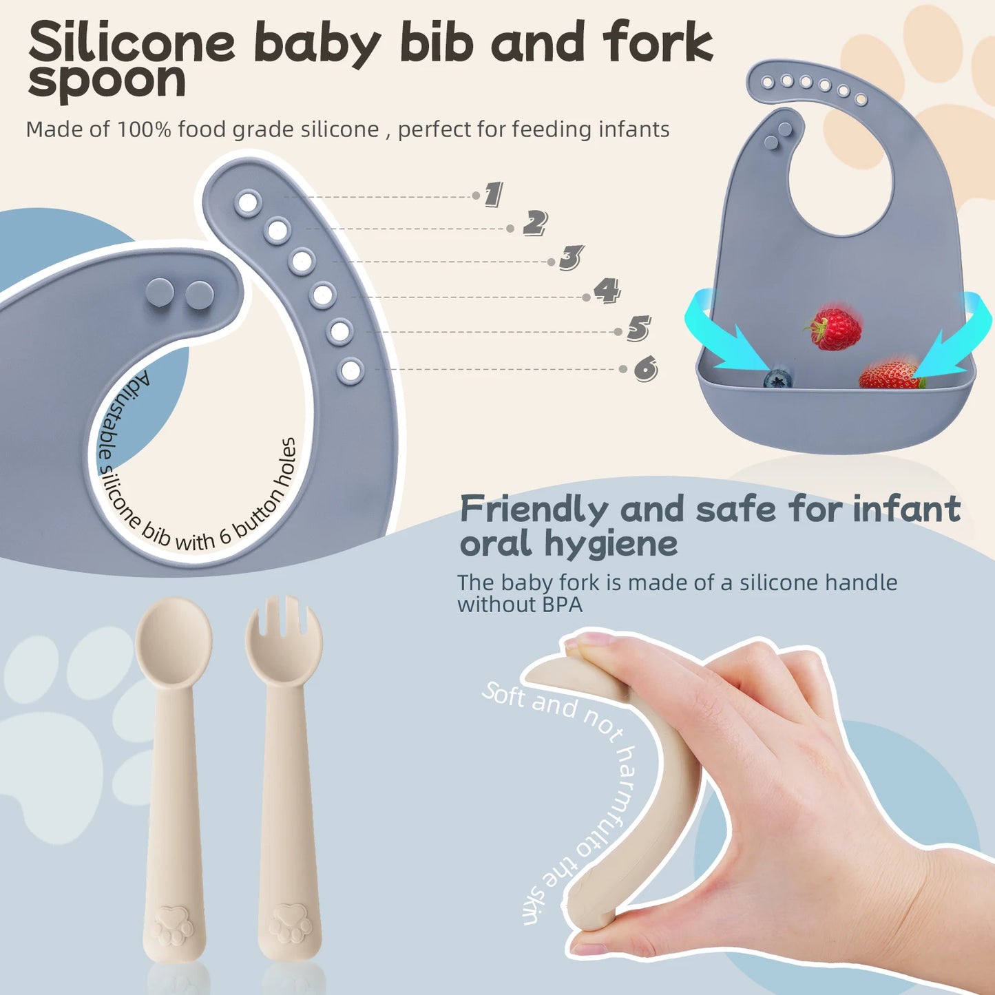 Silicone baby bib, fork, and spoon set with text on a light background