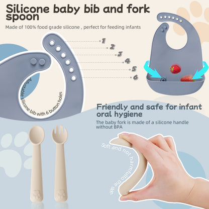 Silicone baby bib, fork, and spoon set with text on a light background