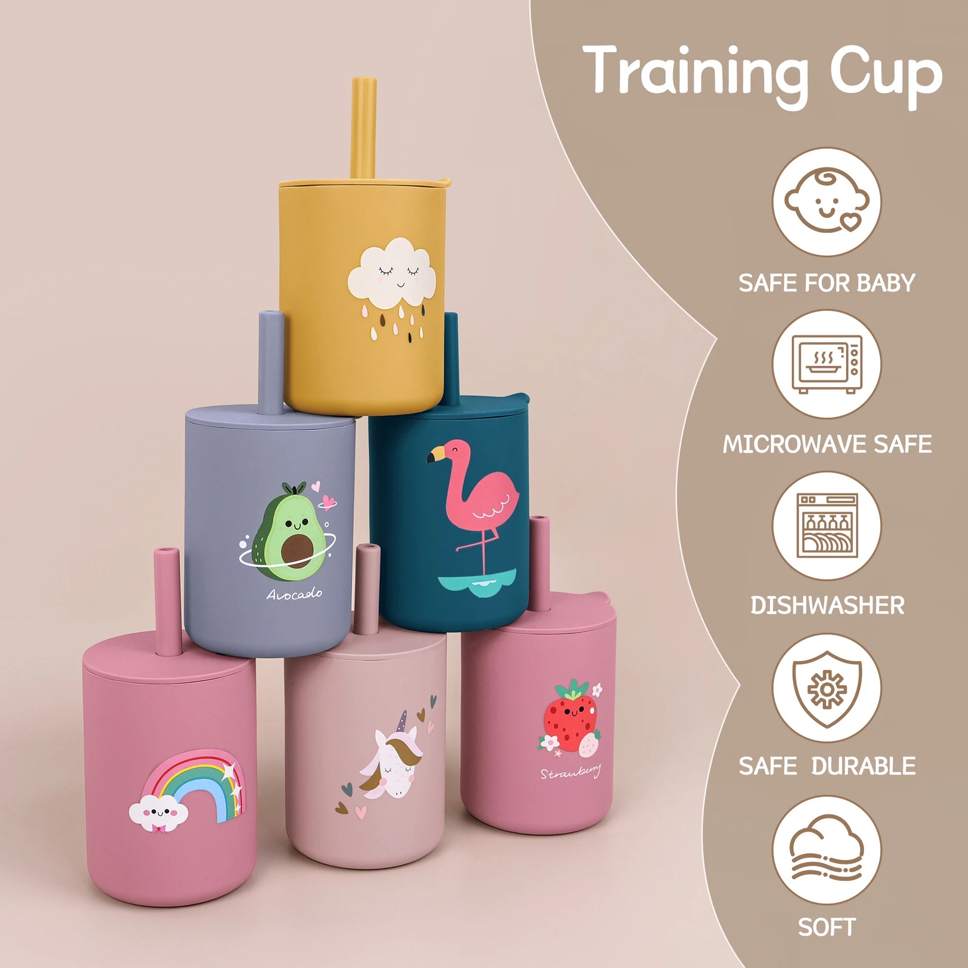 Stack of colorful training cups with cartoon designs on a beige background, featuring safety icons and text.
