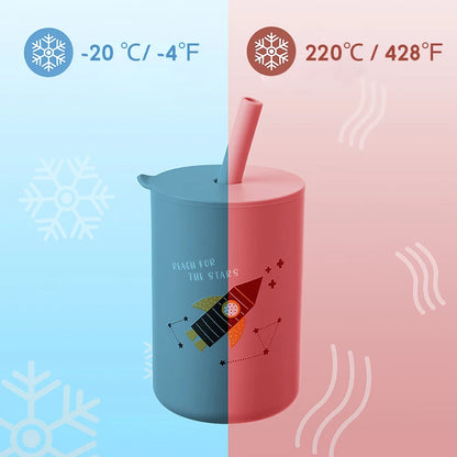 Two thermos bottles, one blue and one pink, with temperature indicators on a split background.