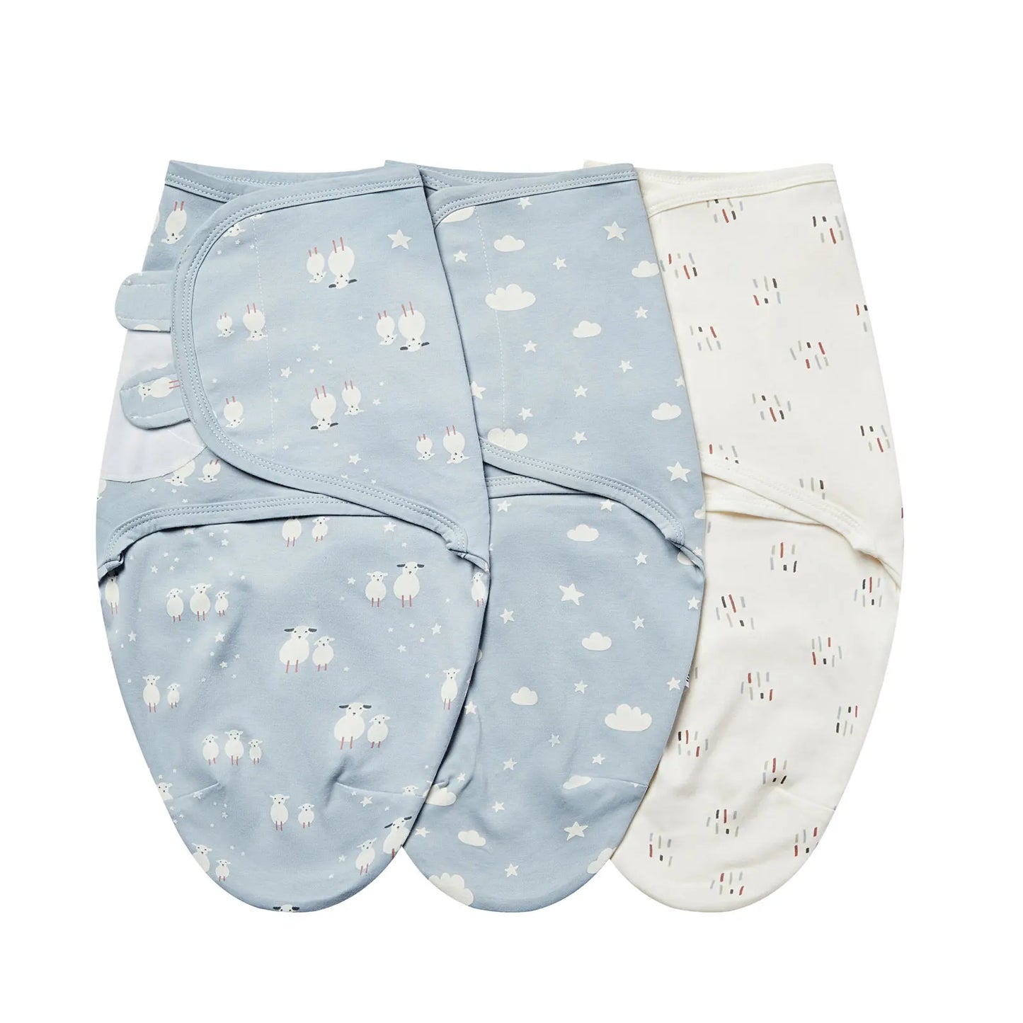 Sleepy Sheep 3-pack bundle with blue sheep, cloud and star print, and cream confetti patterns.
