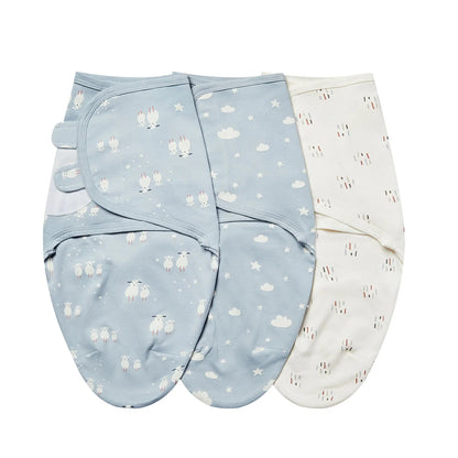 Sleepy Sheep 3-pack bundle with blue sheep, cloud and star print, and cream confetti patterns.