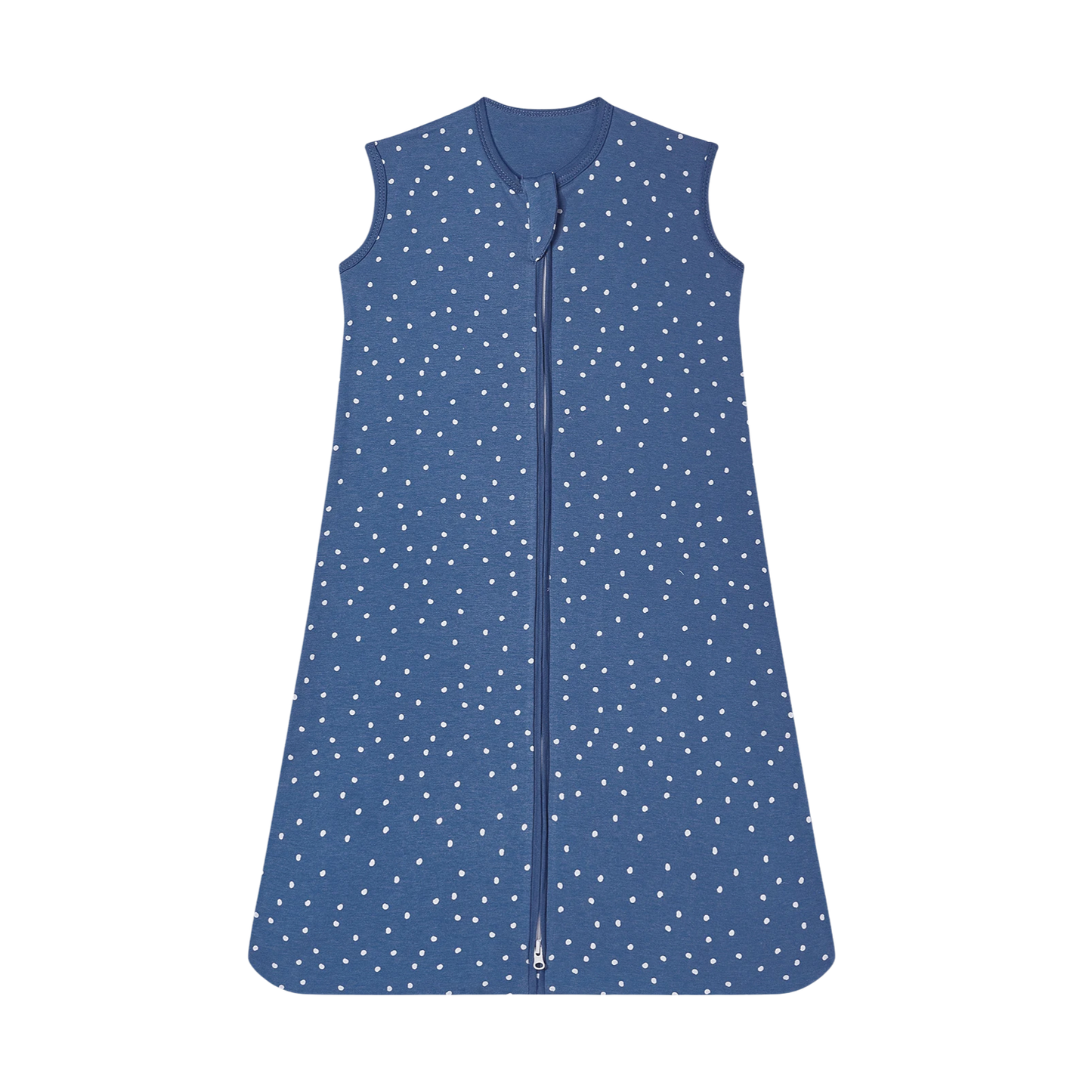 Navy blue sleeveless baby sleep sack with white polka dots, 100% cotton wearable blanket.