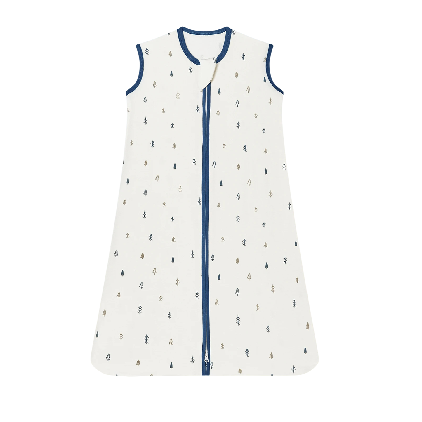 Cream baby sleep sack with woodland pine tree pattern, sleeveless cotton wearable blanket.