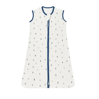 Cream baby sleep sack with woodland pine tree pattern, sleeveless cotton wearable blanket.