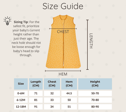 Size chart for baby sleep sack with safety sizing tip. Shows length and chest measurements for 0-6m, 6-12m, and 12-18m to ensure a safe, hip-healthy fit.
