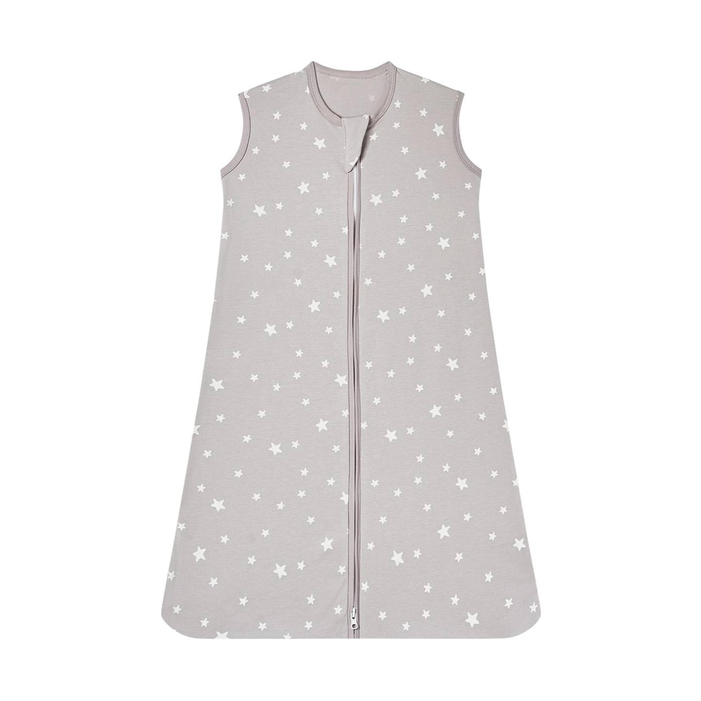 Warm taupe grey baby sleep sack with white stars, soft cotton sleeveless wearable blanket.