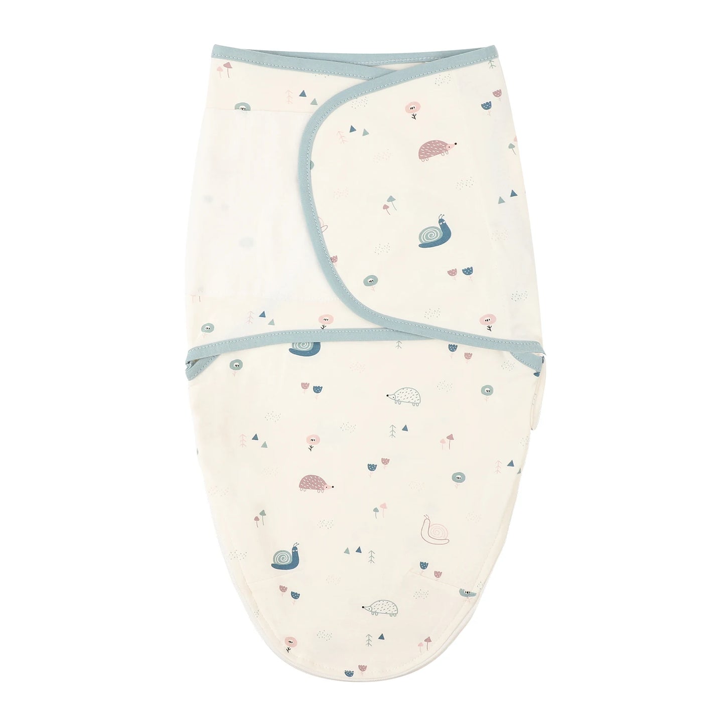 White newborn swaddle sleep sack with snail and hedgehog pattern, made of 100% cotton with silent velcro.