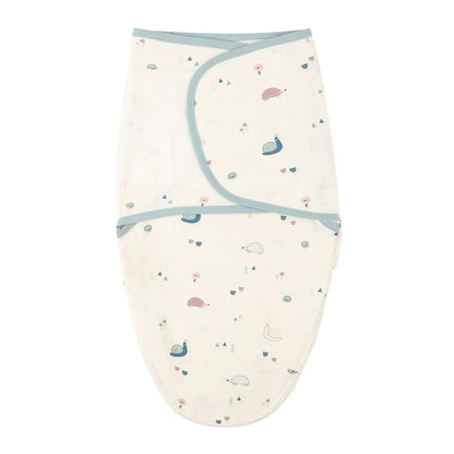 White newborn swaddle sleep sack with snail and hedgehog pattern, made of 100% cotton with silent velcro.