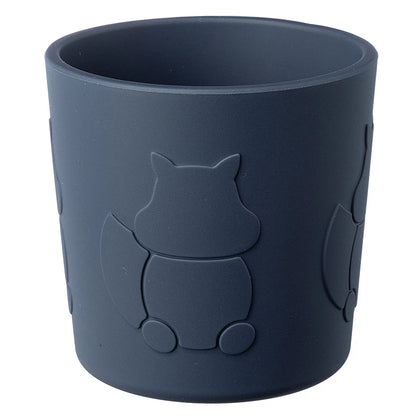 Dark blue silicone cup with squirrel design on a white background
