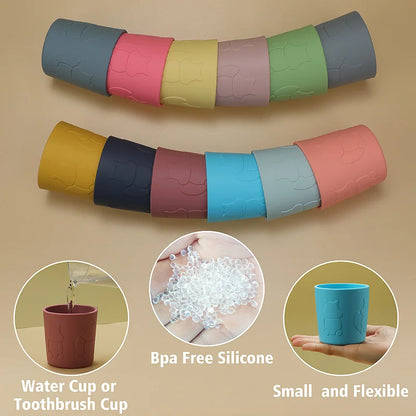 Colorful silicone cups in rolls with close-ups of a single cup and raw material on a beige background.