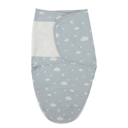 Blue Star Cloud pattern newborn swaddle sleep sack made of 100% cotton, featuring adjustable silent velcro wings for a secure fit.
