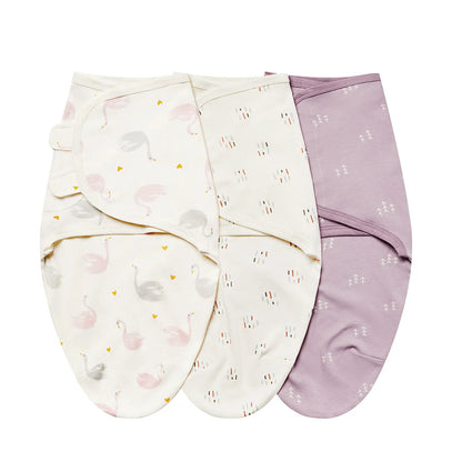 Swan Lake 3-pack bundle including pink swan pattern, cream dash print, and solid mauve cotton swaddles