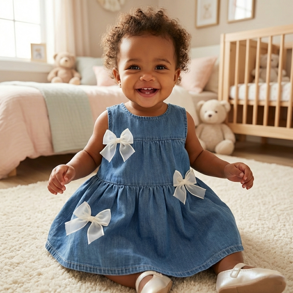 Toddler & Baby Girls Sleeveless Blue Denim Dress - 100% Cotton A-Line Summer Tiered Dress with Bows(6M-5T)