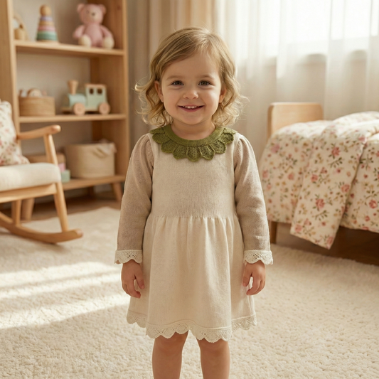 Baby & Toddler Girls Knit A-Line Sweater Dress - Long Sleeve Scalloped Ruffle Collar Cotton Dress (6M-4T)