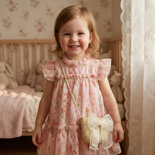 Summer Baby Girl Floral Princess Dress - Pink Fly Sleeve Flower Girl Dress with Matching Bag (9M-4T)