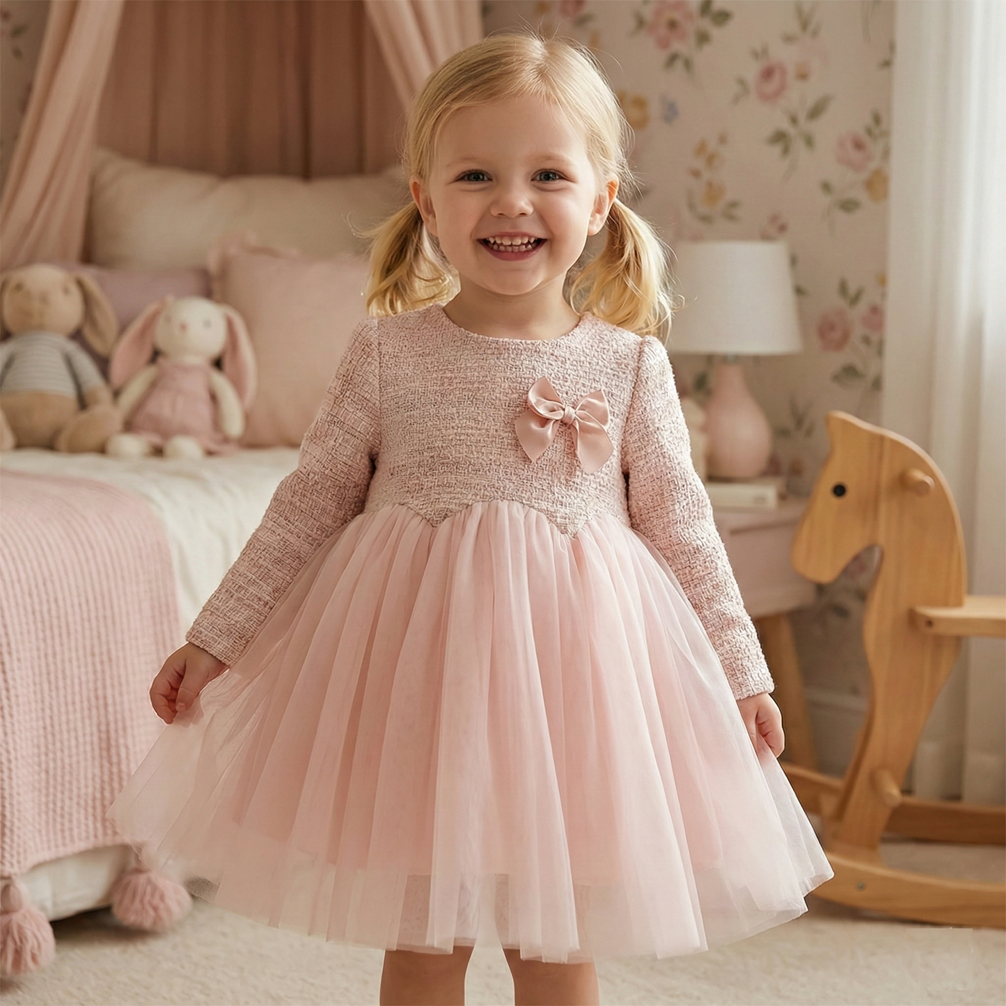 A young toddler girl smiling and wearing the pink tweed and tulle boutique party dress in a decorated bedroom setting.