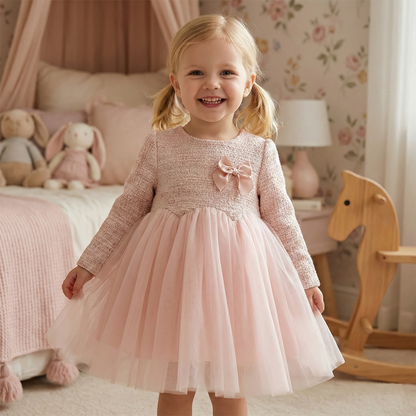 A young toddler girl smiling and wearing the pink tweed and tulle boutique party dress in a decorated bedroom setting.