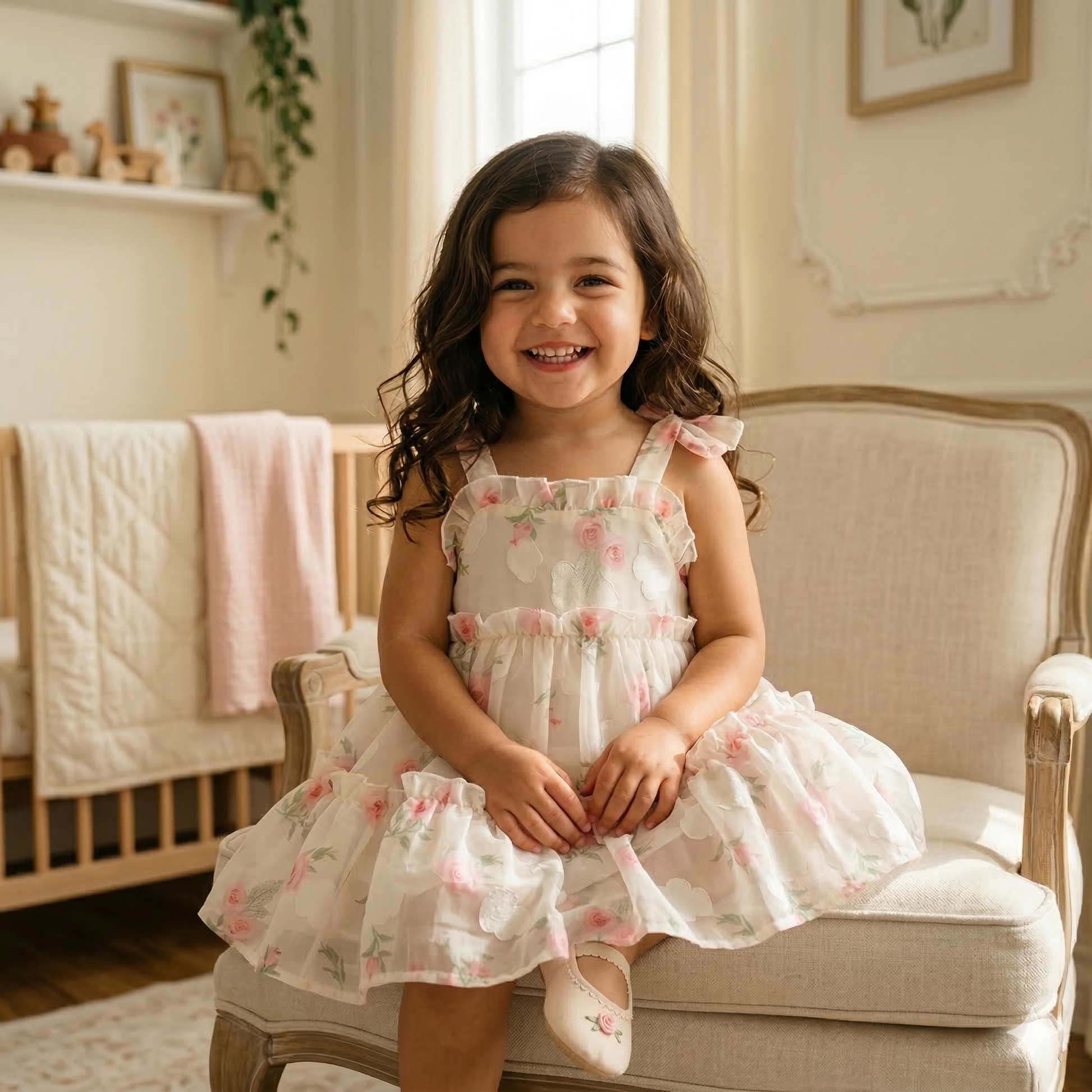 toddler girl wearing a white princess birthday dress with ruffles and roses