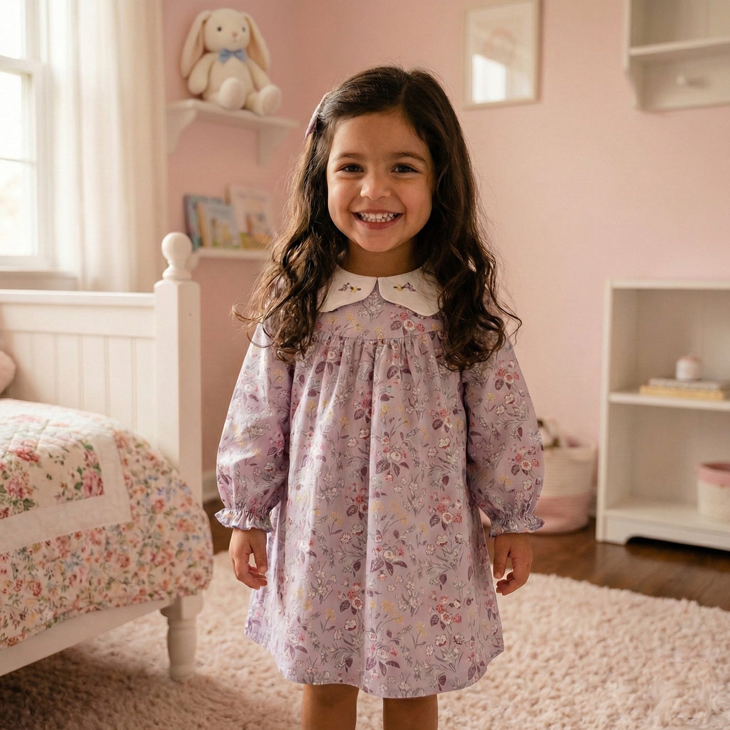 Girls Floral Embroidery 100% Cotton Long Sleeve Dress - Peter Pan Collar A-Line (Size 18M-9Y)