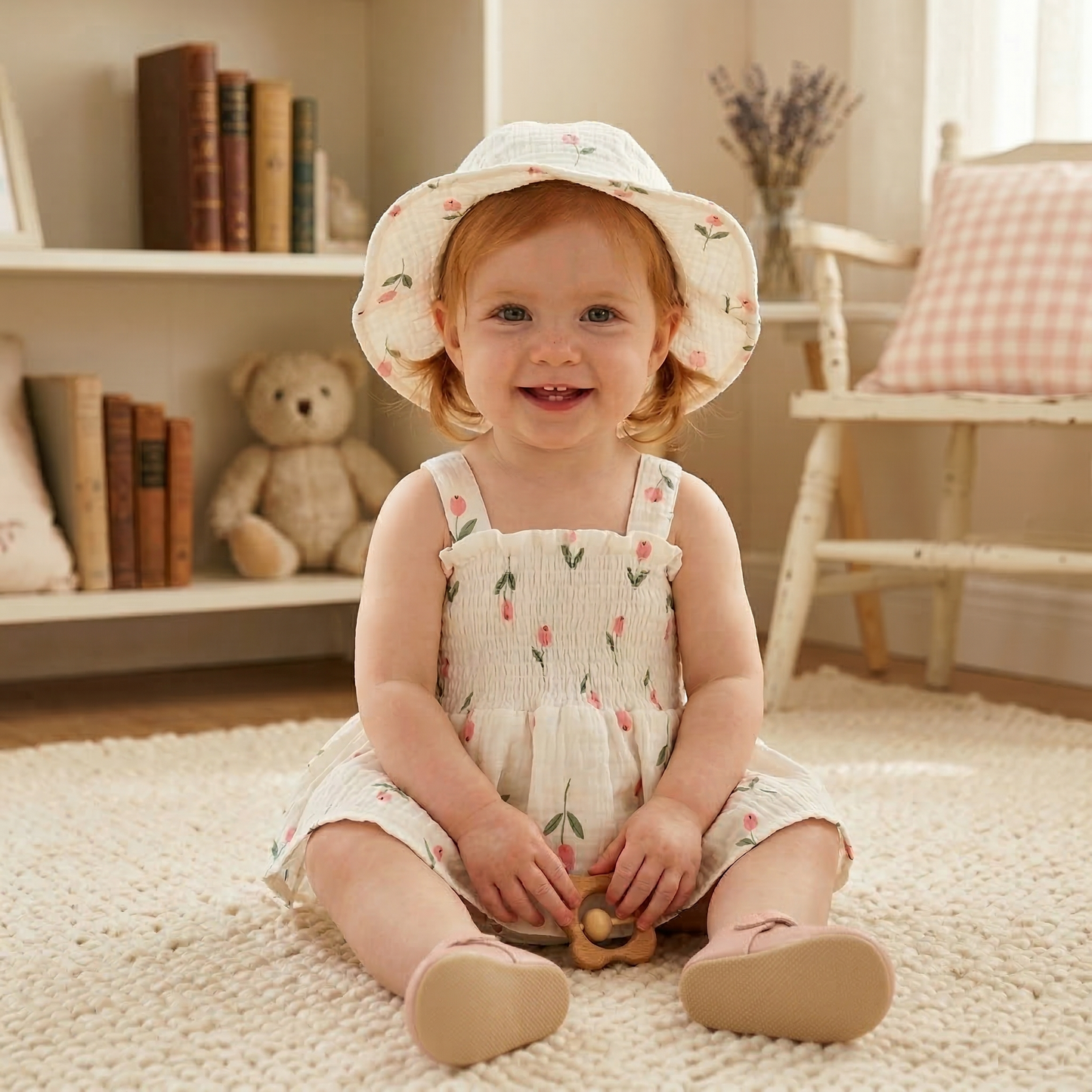 Baby & Toddler Girls Cotton Tulip Print Sleeveless Romper with Matching Sun Hat  (3-24M)