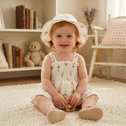 Baby & Toddler Girls Cotton Tulip Print Sleeveless Romper with Matching Sun Hat  (3-24M)