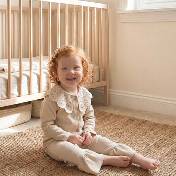Toddler girl wearing vintage inspired neutral set with lace collar sitting on a carpeted floor in a room with wooden crib