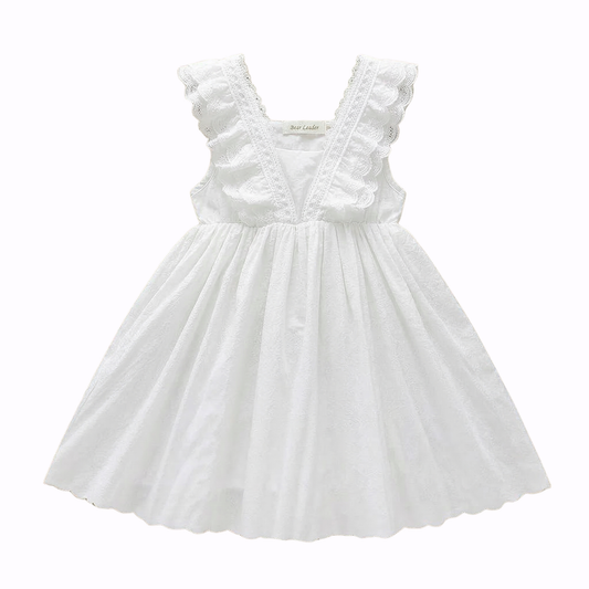 Girls White Lace Ruffle Summer Dress - Soft Cotton Occasion Wear (2T-7)