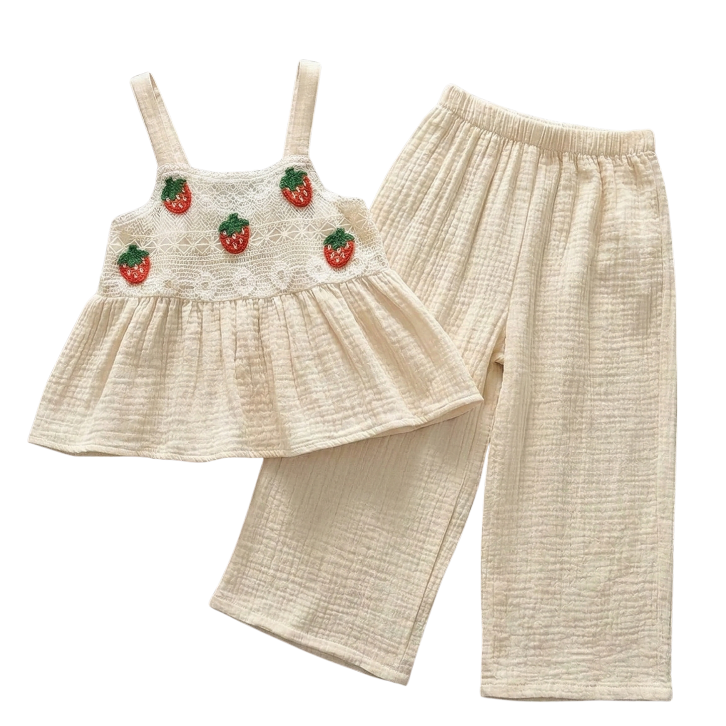 Girls 2-Piece Strawberry Cotton Muslin Set - Lace Camisole & Wide Leg Pants (3T-7)