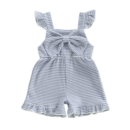 Toddler girl's dusty blue and white striped cotton jumpsuit with ruffle details and a sweetheart neckline bow.