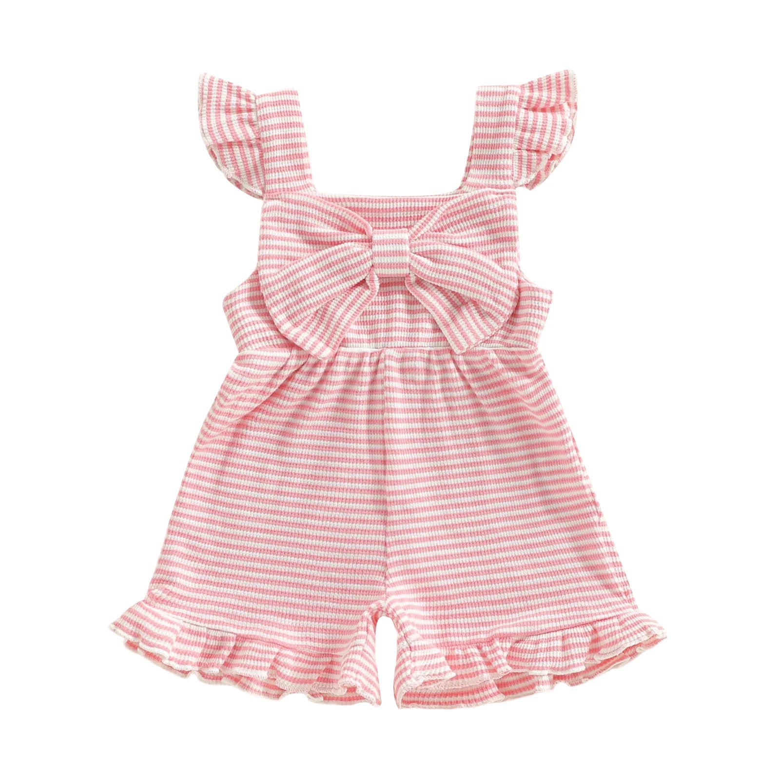 Baby girl's pastel pink and white horizontal striped romper with decorative front bow and ruffled leg openings.
