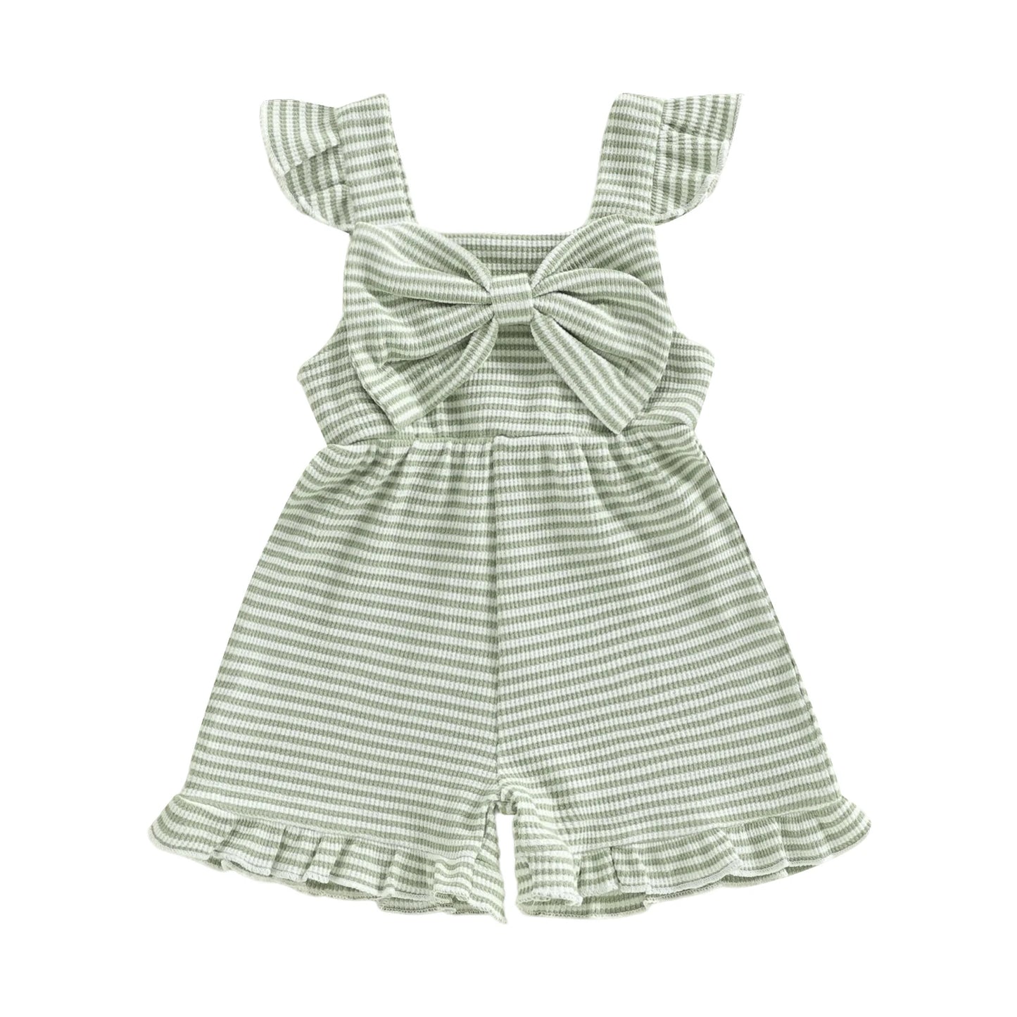 Toddler girl's sleeveless sage green and white striped jumpsuit featuring ruffle shoulder straps and a large front bow.