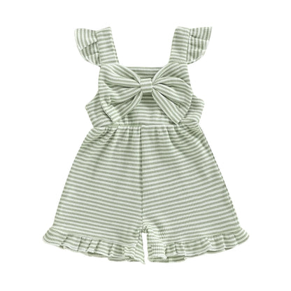 Toddler girl's sleeveless sage green and white striped jumpsuit featuring ruffle shoulder straps and a large front bow.