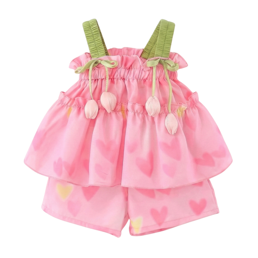 Toddler Girls' 2-Piece Summer Outfit - Pink Heart Tulip Strap Top & Shorts Set (6M-4T)