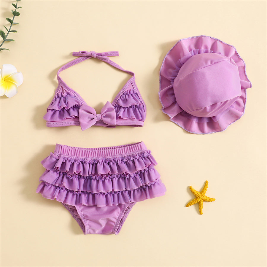 Royal purple 3-piece infant beachwear set with adjustable halter top and matching purple sun protection hat.