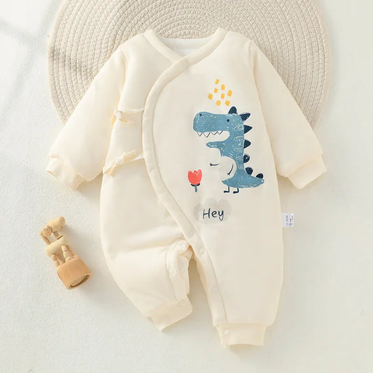 Warm padded cotton baby coverall featuring a large blue dinosaur illustration and "Hey" text with side ties.
