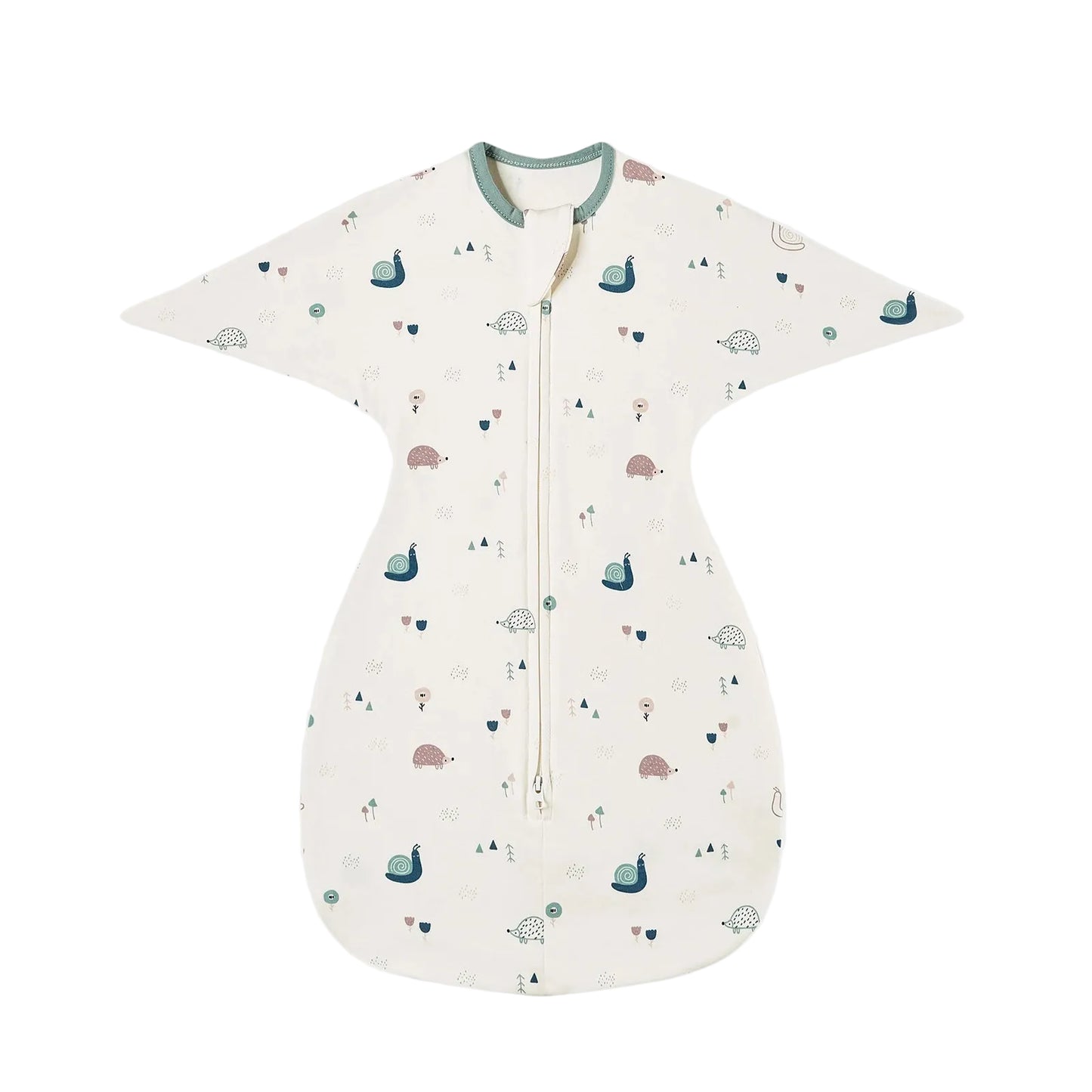 Cream-colored wearable blanket featuring whimsical woodland illustrations of snails, hedgehogs, and trees.